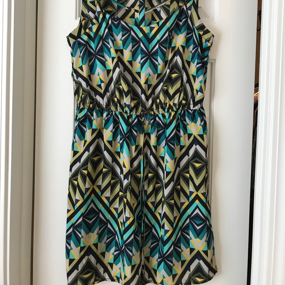 Teal, blue green yellow geometric pattern dress